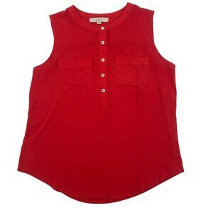 LOFT Size M Red 1/2 Button Tricot Woven Knit Sleeveless Pocket Blouse